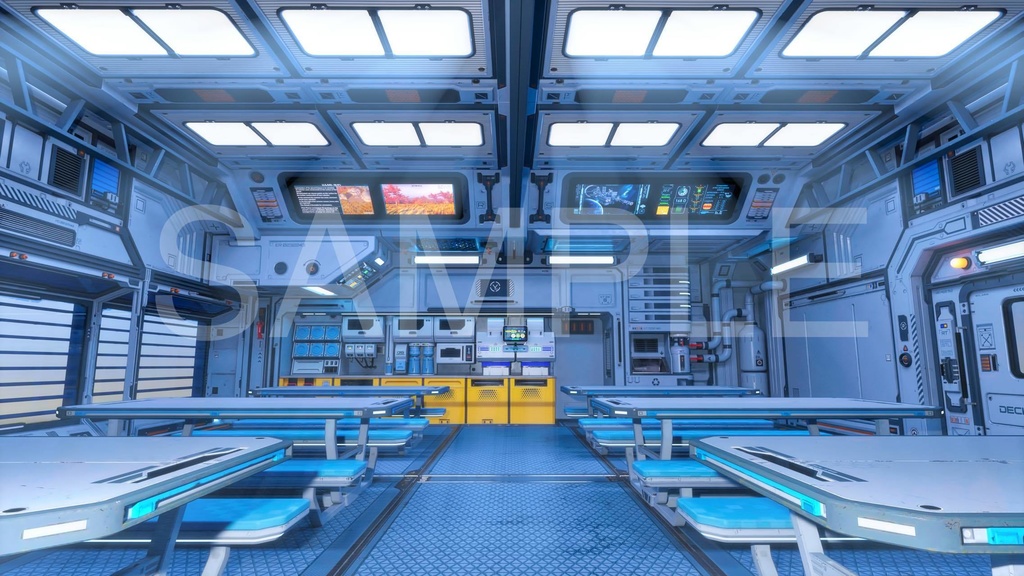 大型ダイニングルーム(食堂)2パターン(4枚+照明5枚)- 近未来アニメ風イラスト