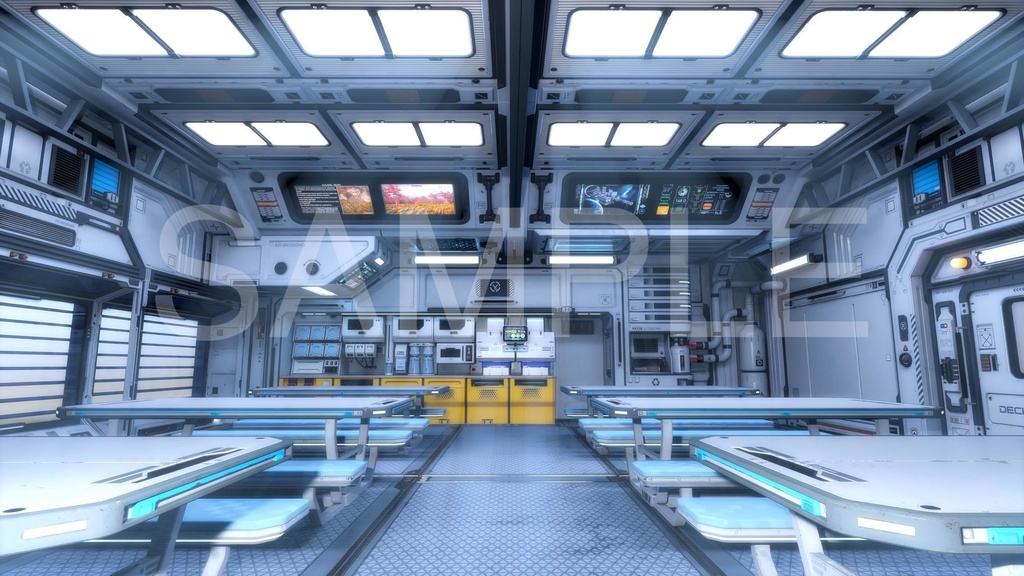 大型ダイニングルーム(食堂)2パターン(4枚+照明5枚)- 近未来アニメ風イラスト