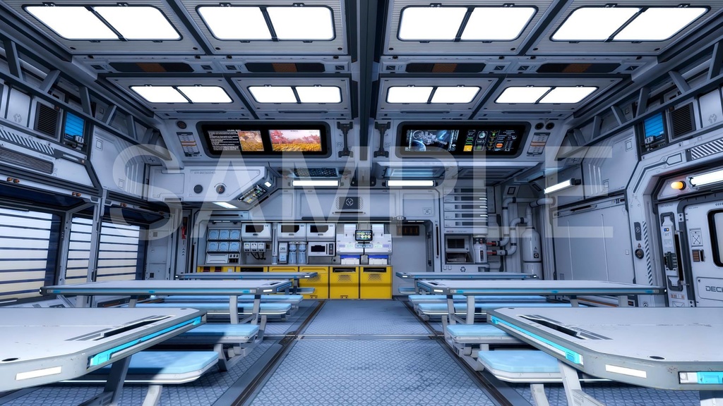 大型ダイニングルーム(食堂)2パターン(4枚+照明5枚)- 近未来アニメ風イラスト