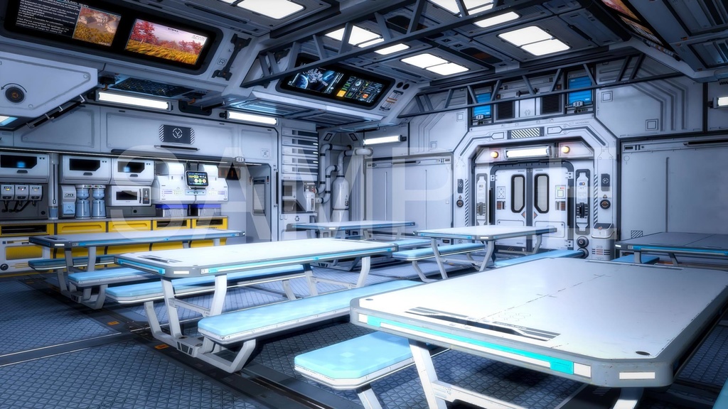 大型ダイニングルーム(食堂)2パターン(4枚+照明5枚)- 近未来アニメ風イラスト