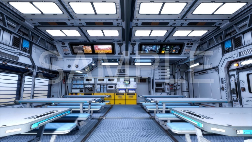 大型ダイニングルーム(食堂)2パターン(4枚+照明5枚)- 近未来アニメ風イラスト