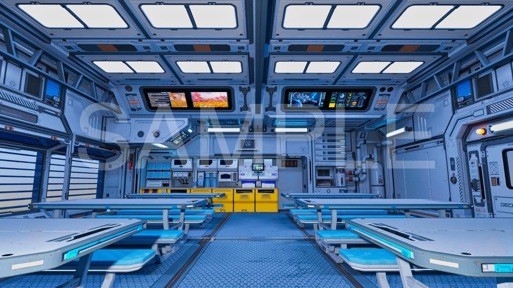 大型ダイニングルーム(食堂)2パターン(4枚+照明5枚)- 近未来アニメ風イラスト