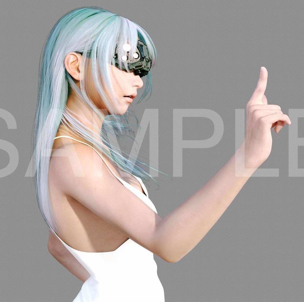 【近未来キャラクターイラスト透過入り】VRヘッドマウント・ディスプレイの少女とアンドロイド・タトゥー入り2枚セット