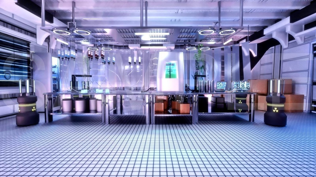 近未来研究施設6枚セット(構図2種×色調3パターン計6枚)近未来アニメ風イラスト素材