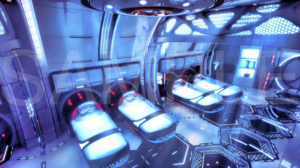 サイバーな医療ポッド、メディカルルーム・2枚セット|近未来アニメ風イラスト素材