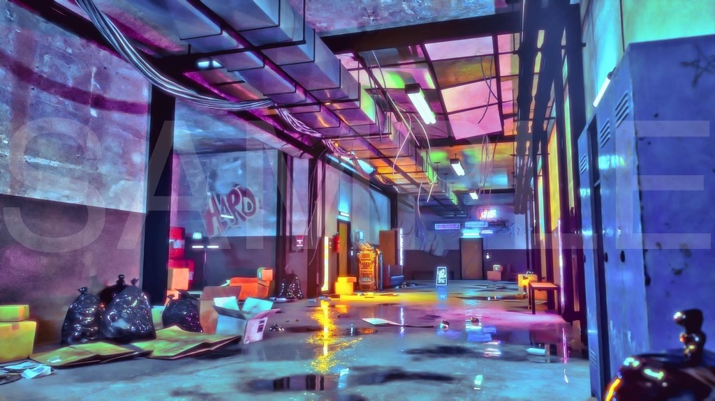 サイバーパンクな荒廃したマンション内・2種・明暗2パターン4枚セット|近未来アニメ風イラスト素材