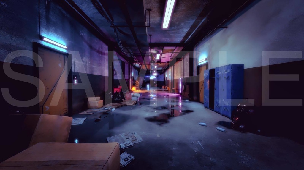 サイバーパンクな荒廃したマンション内・2種・明暗2パターン4枚セット|近未来アニメ風イラスト素材