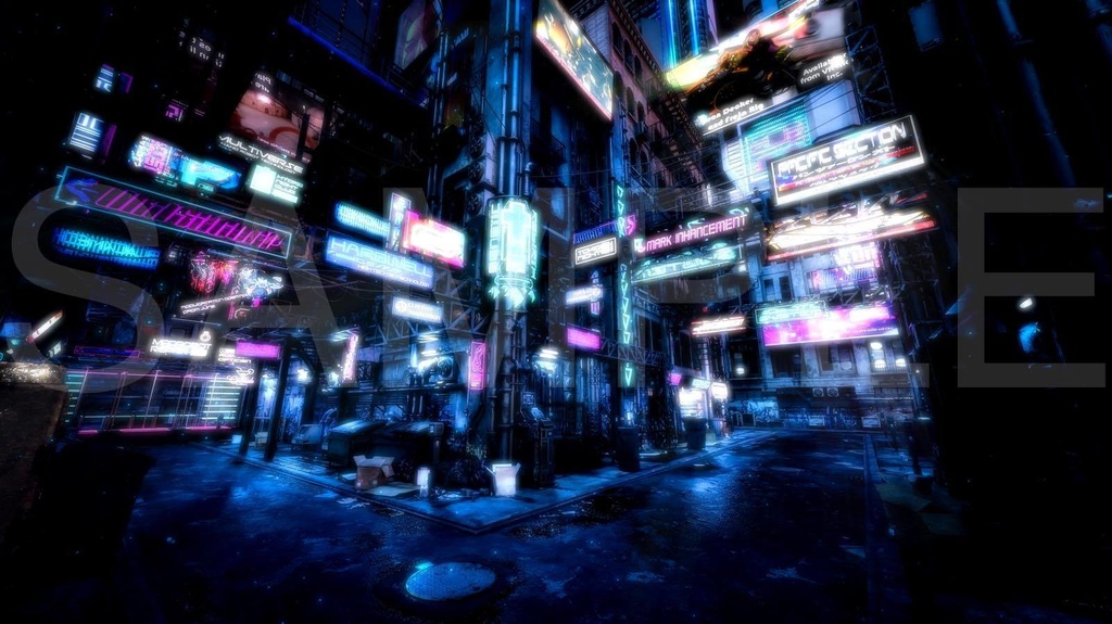 サイバーパンク・ナイトシティ裏路地十字路、色調別3枚セット|近未来アニメ風イラスト素材