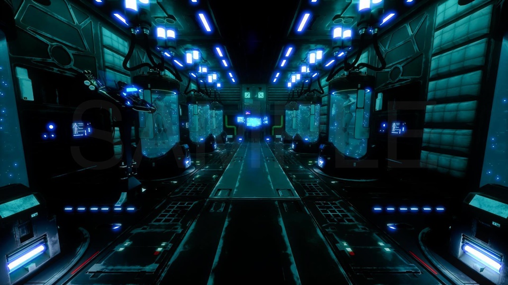 サイバーな研究所施設内、アンドロイド有り・無し、2種×4色調別8枚セット|近未来背景イラスト素材