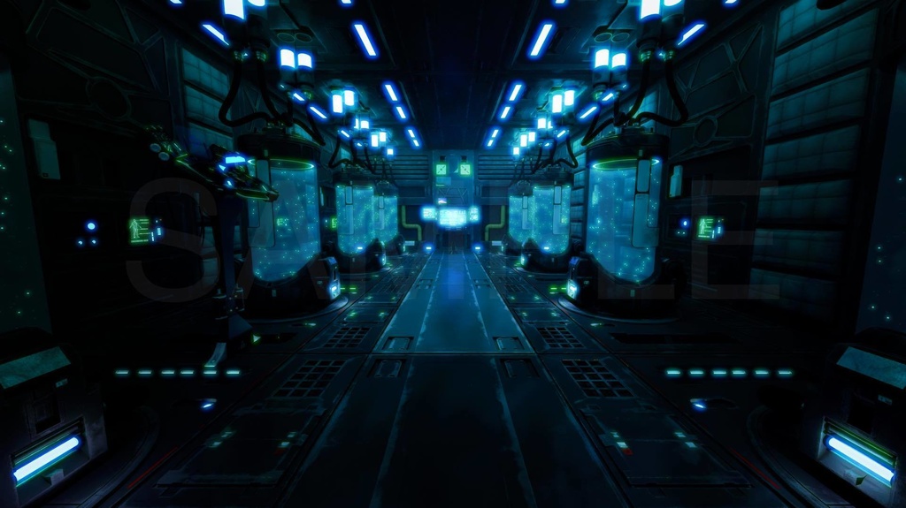 サイバーな研究所施設内、アンドロイド有り・無し、2種×4色調別8枚セット|近未来背景イラスト素材