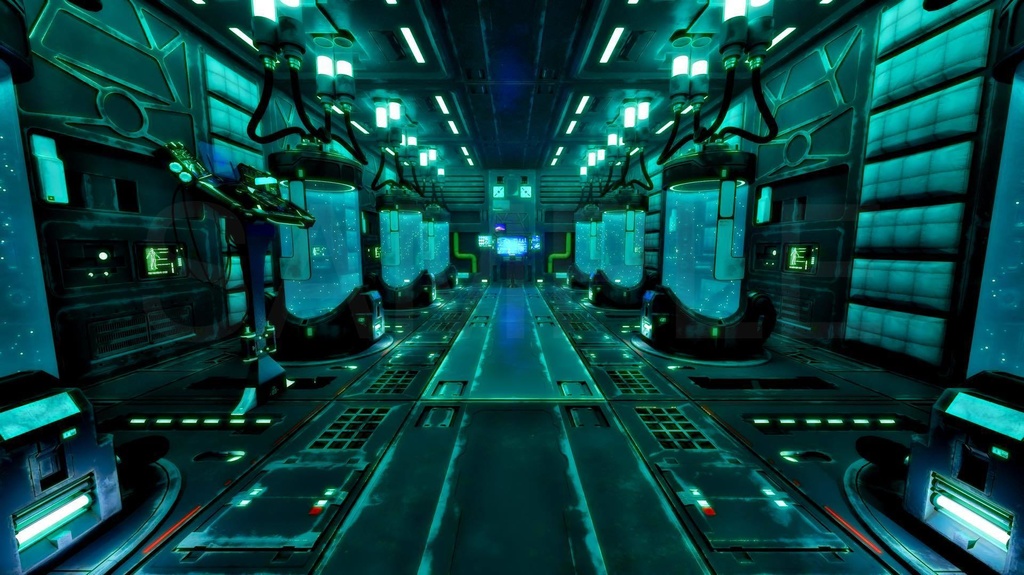 サイバーな研究所施設内、アンドロイド有り・無し、2種×4色調別8枚セット|近未来背景イラスト素材