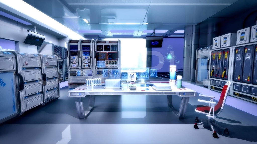 近未来化学研究施設4枚セット(構図2種×色調2パターン計4枚)|近未来アニメ風イラスト素材