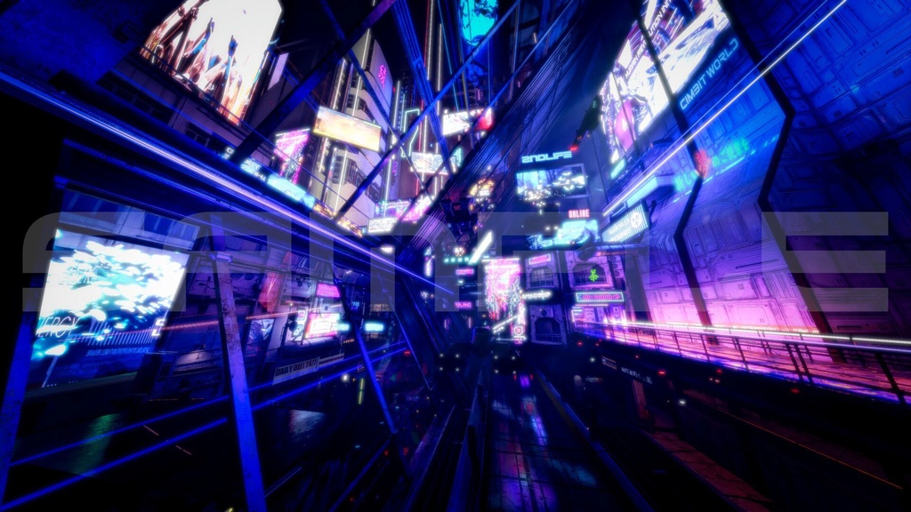 サイバーパンク・ナイトシティ・アーケード街、色調別4枚セット|近未来アニメ風イラスト素材