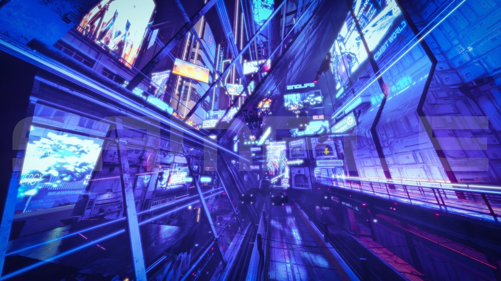 サイバーパンク・ナイトシティ・アーケード街、色調別4枚セット|近未来アニメ風イラスト素材