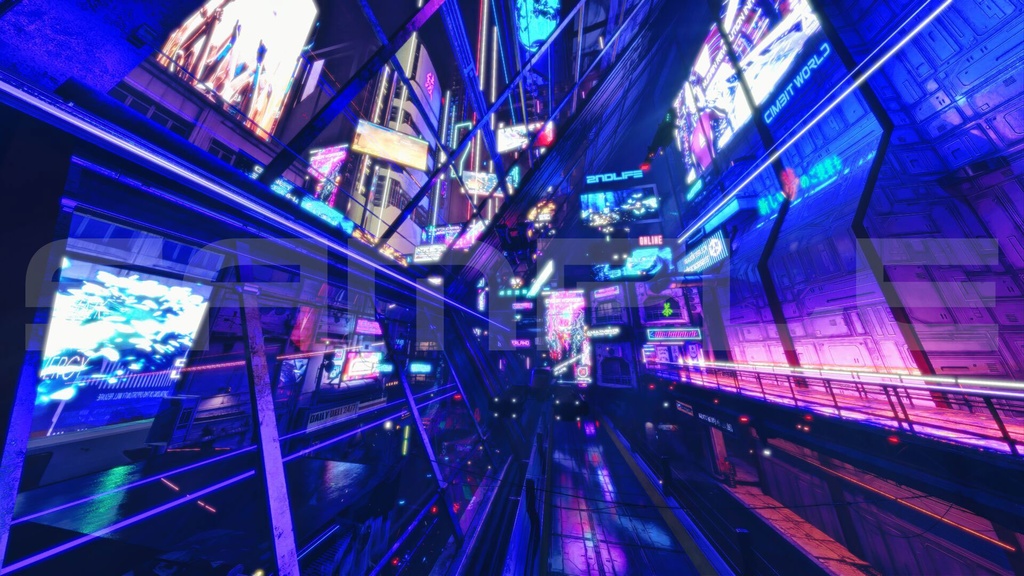 サイバーパンク・ナイトシティ・アーケード街、色調別4枚セット|近未来アニメ風イラスト素材