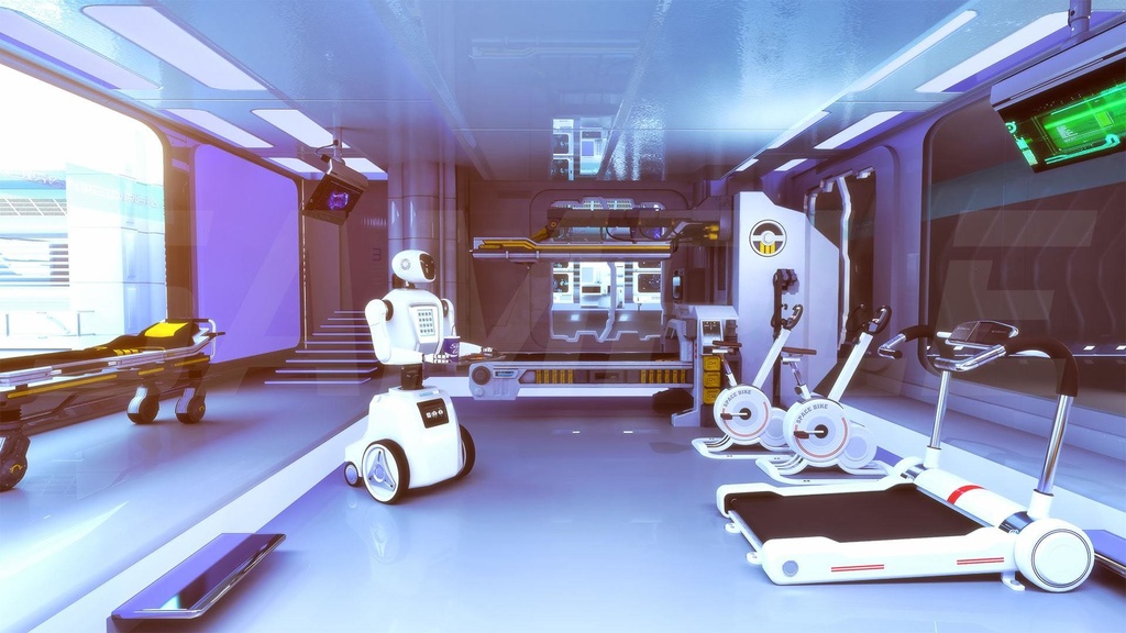 近未来のリハビリテーション・介護施設(色調2枚セット)|近未来アニメ風イラスト素材