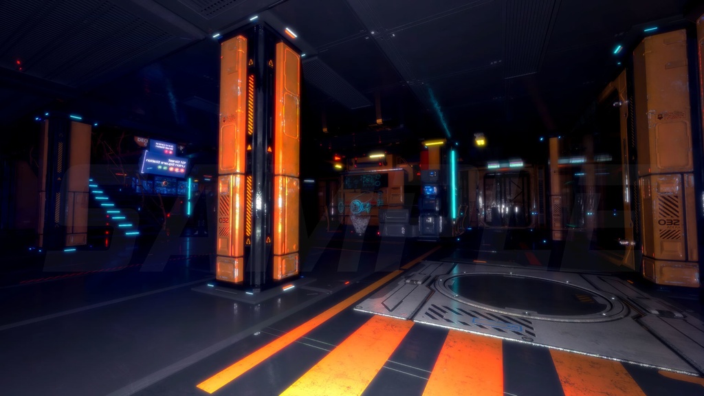 近未来的な工業施設建物内部6枚セット(構図3枚×明暗色調2枚)|近未来アニメ風イラスト素材