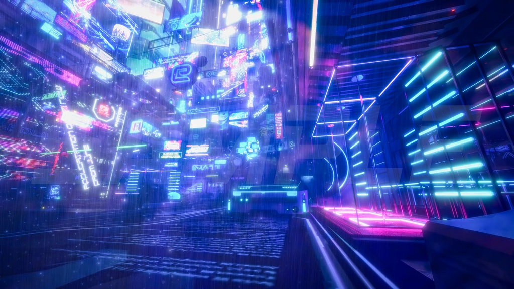 サイバーパンク・ナイト・シティ、センターストリート・繁華街4枚セット(通常・雨・激しい雨と別色調)|近未来アニメ風イラスト素材