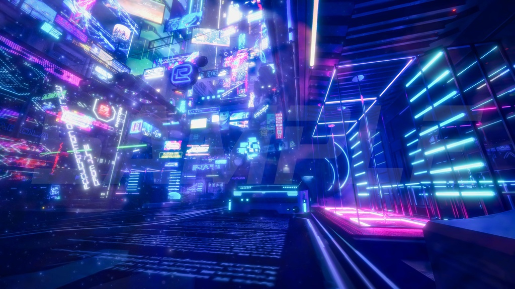 サイバーパンク・ナイト・シティ、センターストリート・繁華街4枚セット(通常・雨・激しい雨と別色調)|近未来アニメ風イラスト素材