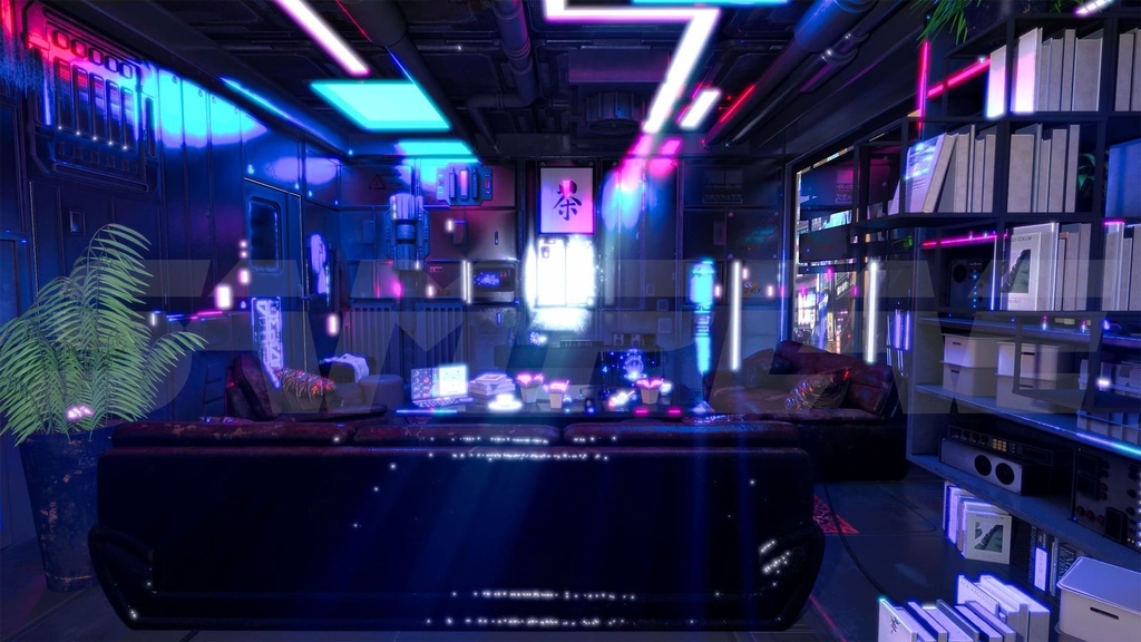 サイバーパンク・マイ・ルーム2枚セット|近未来アニメ風イラスト素材