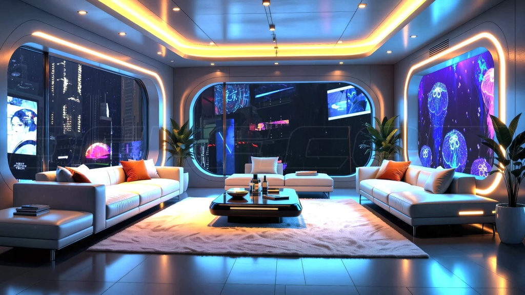 【動く背景イラスト】フューチャリスティック・マイ・リビングルーム(ループ映像MP4・4ファイル)|近未来アニメ風イラスト素材