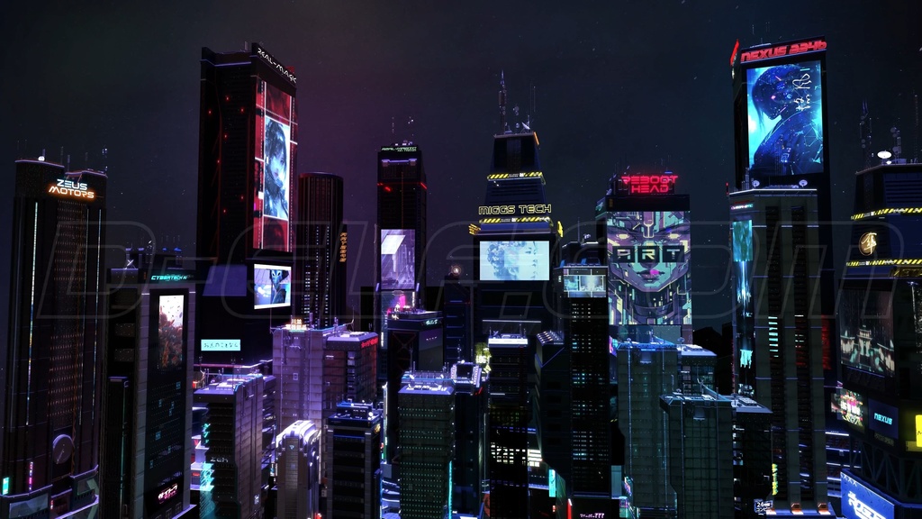 【動く背景イラスト】フューチャリスティック・ナイト・シティー(4Kループ映像MP4)|近未来アニメ風イラスト素材