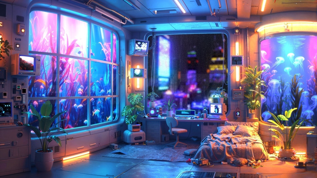 Cyber Chill Room｜近未来サイバー・チル・ルーム背景ループ素材（配信・作業用 / Lo-Fi / 4Color）