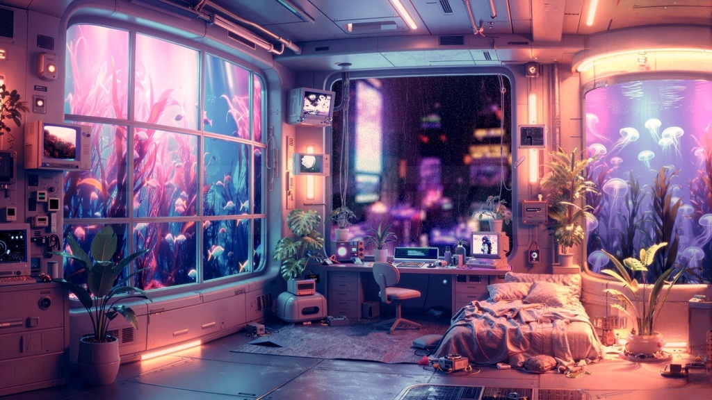 Cyber Chill Room|近未来サイバー・チル・ルーム背景ループ素材(配信・作業用 / Lo-Fi / 4Color)