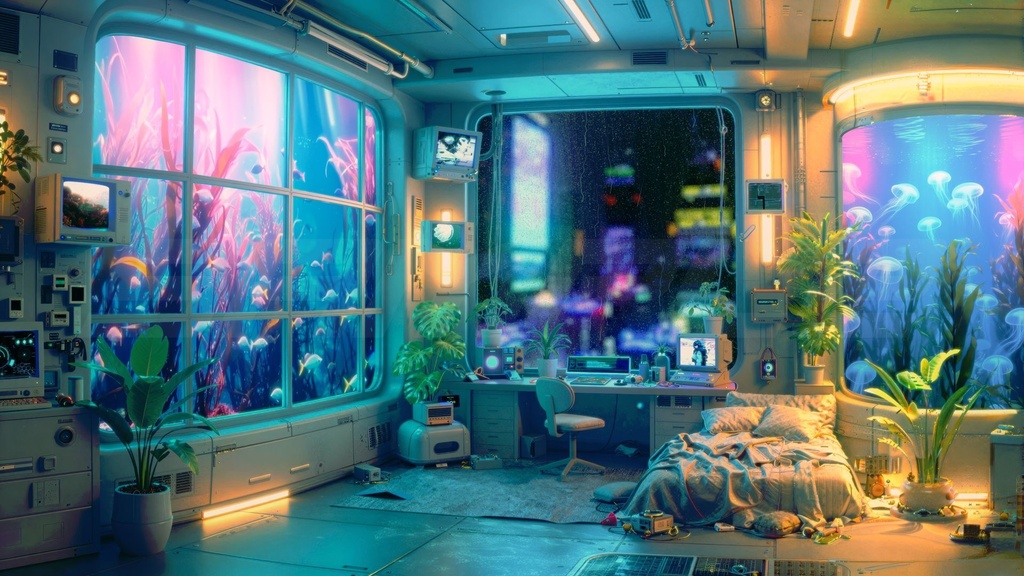 Cyber Chill Room|近未来サイバー・チル・ルーム背景ループ素材(配信・作業用 / Lo-Fi / 4Color)