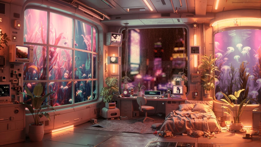 Cyber Chill Room|近未来サイバー・チル・ルーム背景ループ素材(配信・作業用 / Lo-Fi / 4Color)