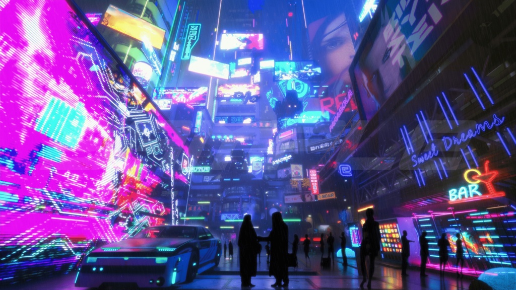 【背景素材】サイバーパンク・ナイトシティ・ストリート|近未来SF・繁華街・夜景 8枚セット