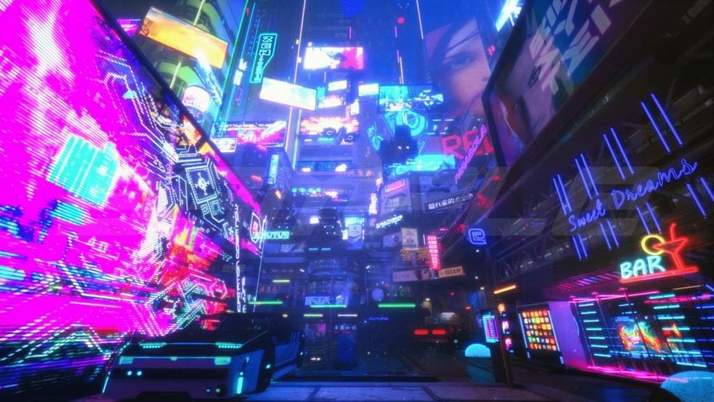 【背景素材】サイバーパンク・ナイトシティ・ストリート|近未来SF・繁華街・夜景 8枚セット