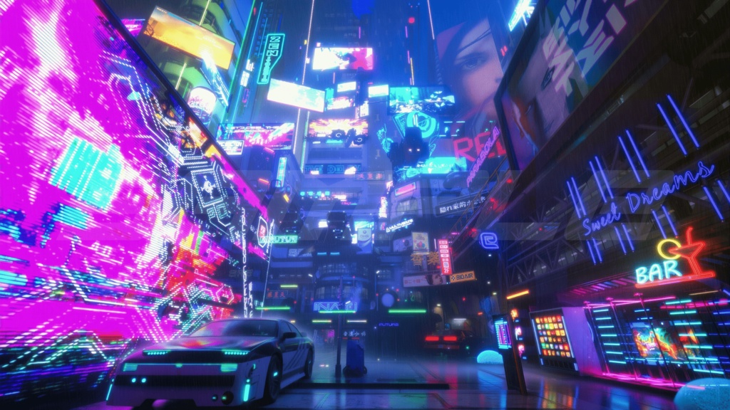 【背景素材】サイバーパンク・ナイトシティ・ストリート|近未来SF・繁華街・夜景 8枚セット