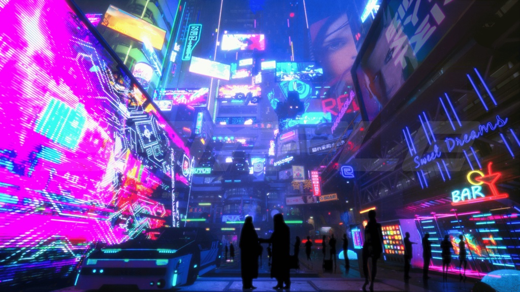 【背景素材】サイバーパンク・ナイトシティ・ストリート|近未来SF・繁華街・夜景 8枚セット