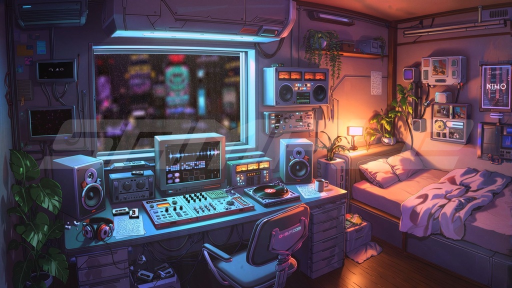 【無料配布/FHD】Retro Future Midnight Music Room|Lo-Fi・配信背景ループ動画