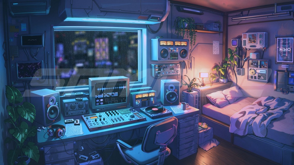 【4K/FHD・ループ背景】Retro Future Midnight Music Room|レトロフューチャー音楽制作室・背景映像素材