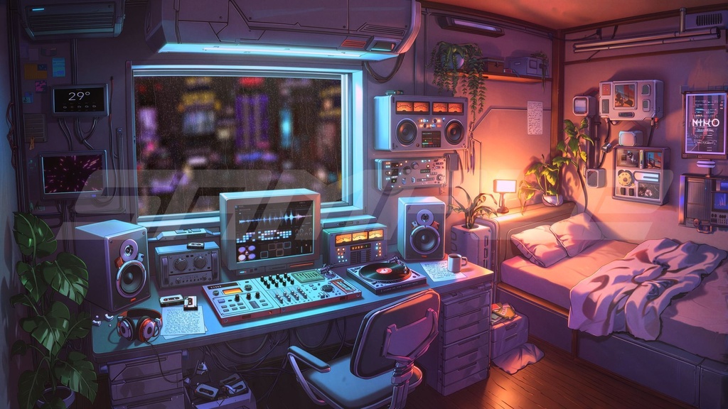 【4K/FHD・ループ背景】Retro Future Midnight Music Room|レトロフューチャー音楽制作室・背景映像素材