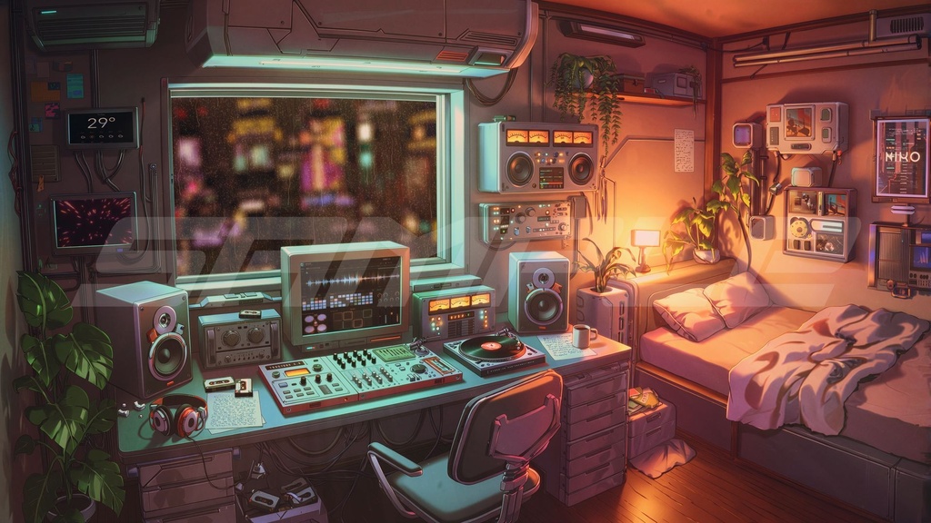 【4K/FHD・ループ背景】Retro Future Midnight Music Room|レトロフューチャー音楽制作室・背景映像素材