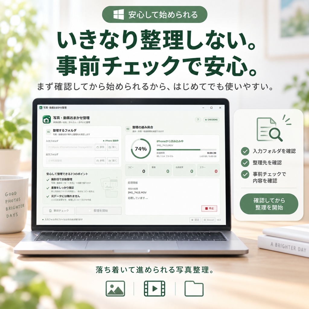 写真・動画おまかせ整理|撮影日でかんたん自動整理【Windows】