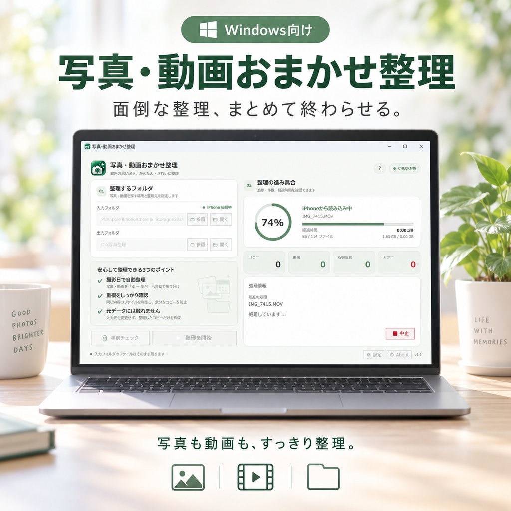 写真・動画おまかせ整理|撮影日でかんたん自動整理【Windows】