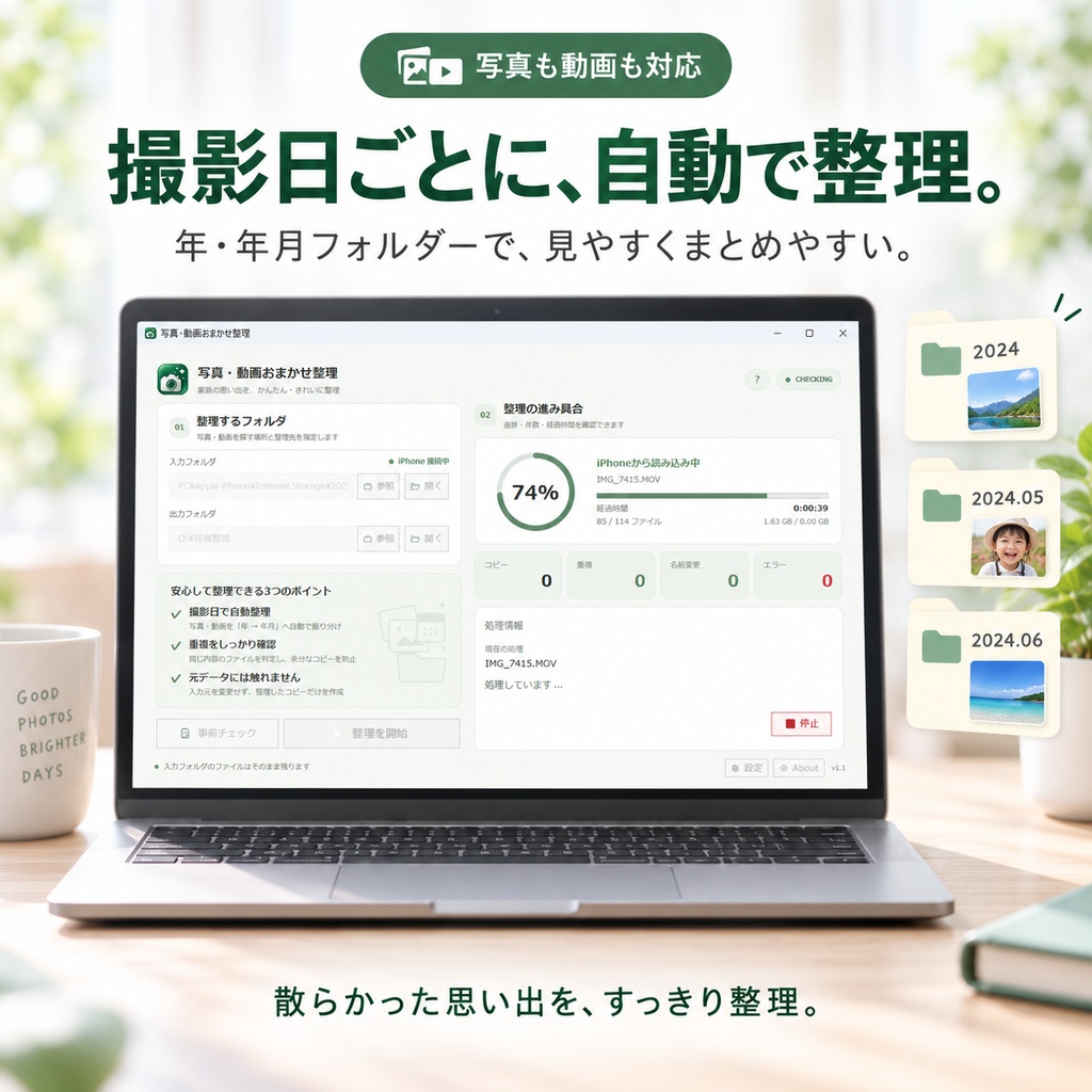 写真・動画おまかせ整理|撮影日でかんたん自動整理【Windows】