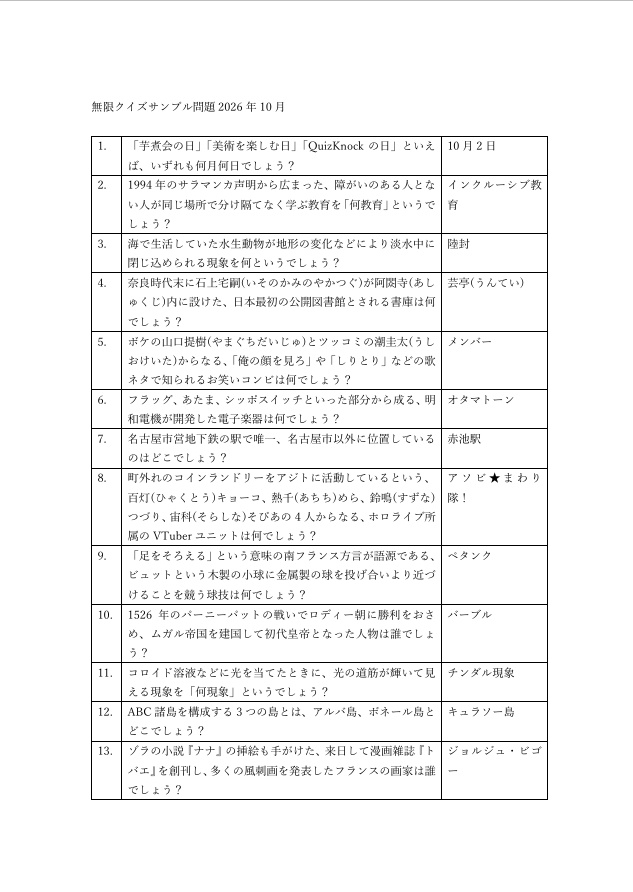 無限クイズサンプル問題2026年10月