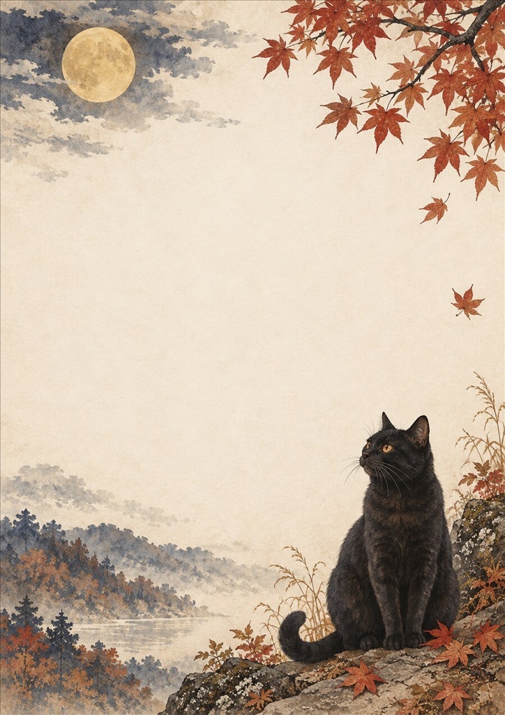 月灯りの黒猫と秋便り|秋の和風デジタルペーパー3柄・PNG/JPG