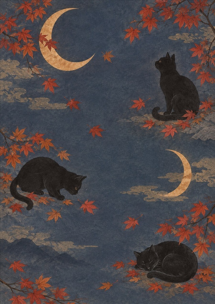 月灯りの黒猫と秋便り|秋の和風デジタルペーパー3柄・PNG/JPG