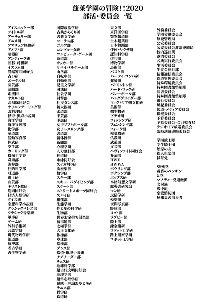 蓬莱学園の帰還!! TRPG「蓬莱学園の冒険!!」2020年版クラブ・委員会データ集