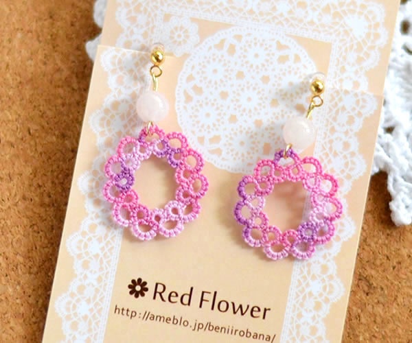 【受注製作】天然石とお花 イヤリング/ピアス(モルガナイト)レース編み