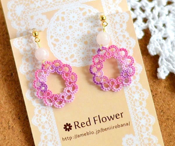【受注製作】天然石とお花 イヤリング/ピアス（モルガナイト）レース編み