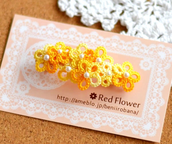 花 バレッタ (オレンジとホワイトMIX) ヘアアクセサリー 髪飾り フラワー 繊細 大人 かわいい 小さめ