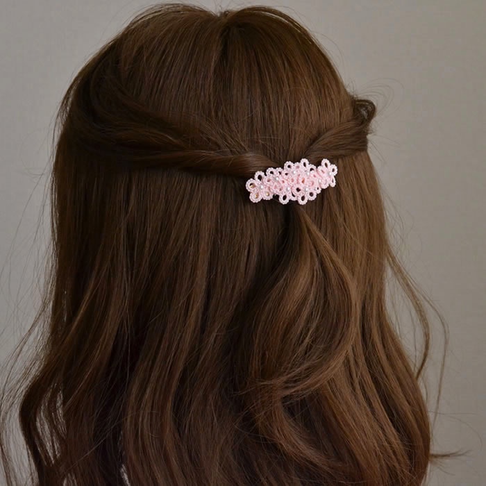 花 バレッタ (ピンク) ヘアアクセサリー 髪飾り フラワー 繊細 大人 かわいい 小さめ