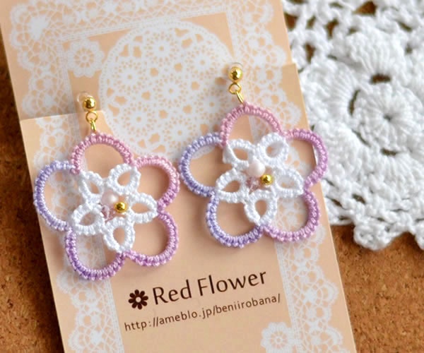 キラキラ輝く お花 樹脂イヤリング レース編み 大ぶり 花